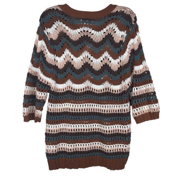 Evereve Open Knit Sweater Short Sleeve 100% Cotton Brown Blue White Stripe Large - Picture 6 of 8